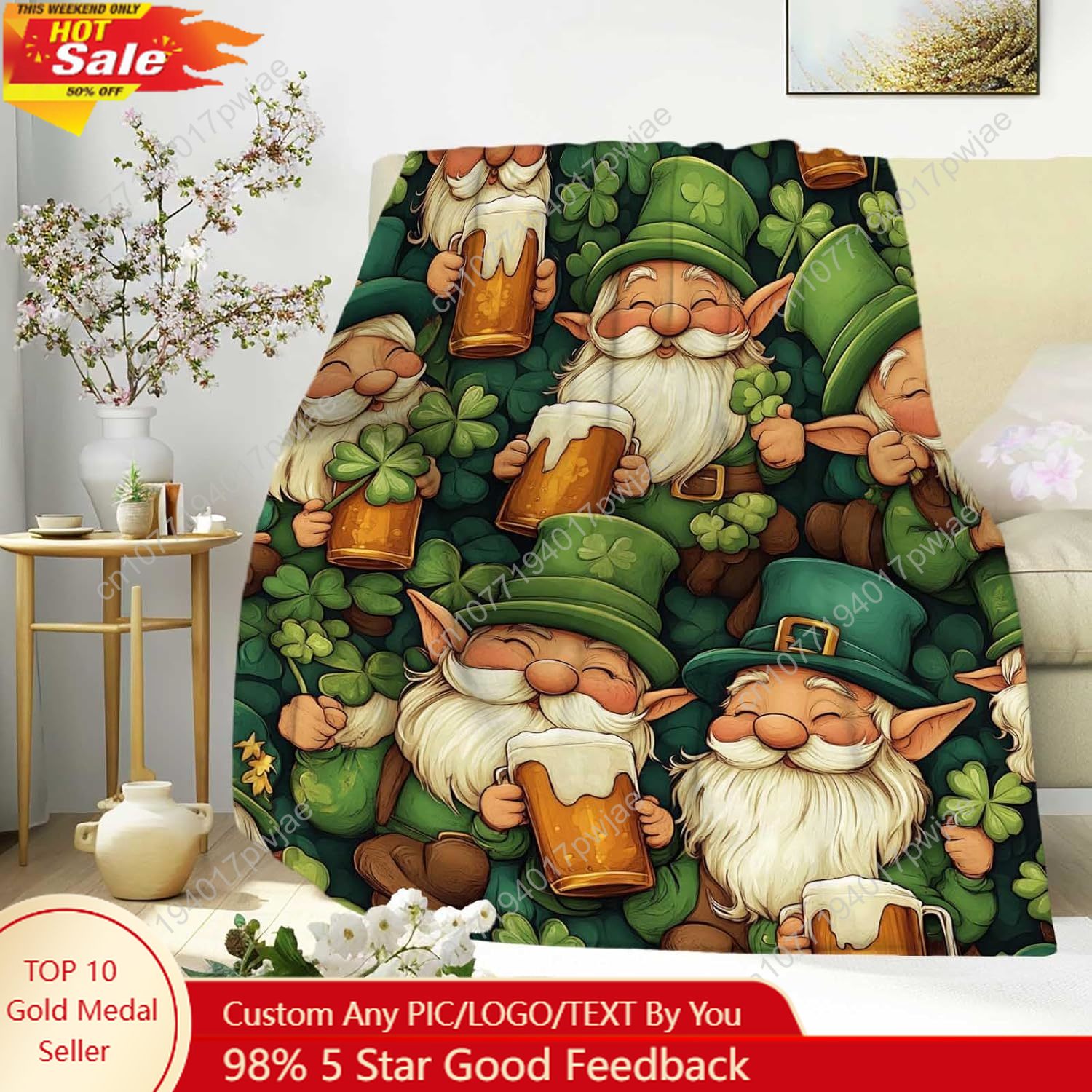 Quality Home Textiles - 성 패트릭의 날 요정 담요, 맥주잔과